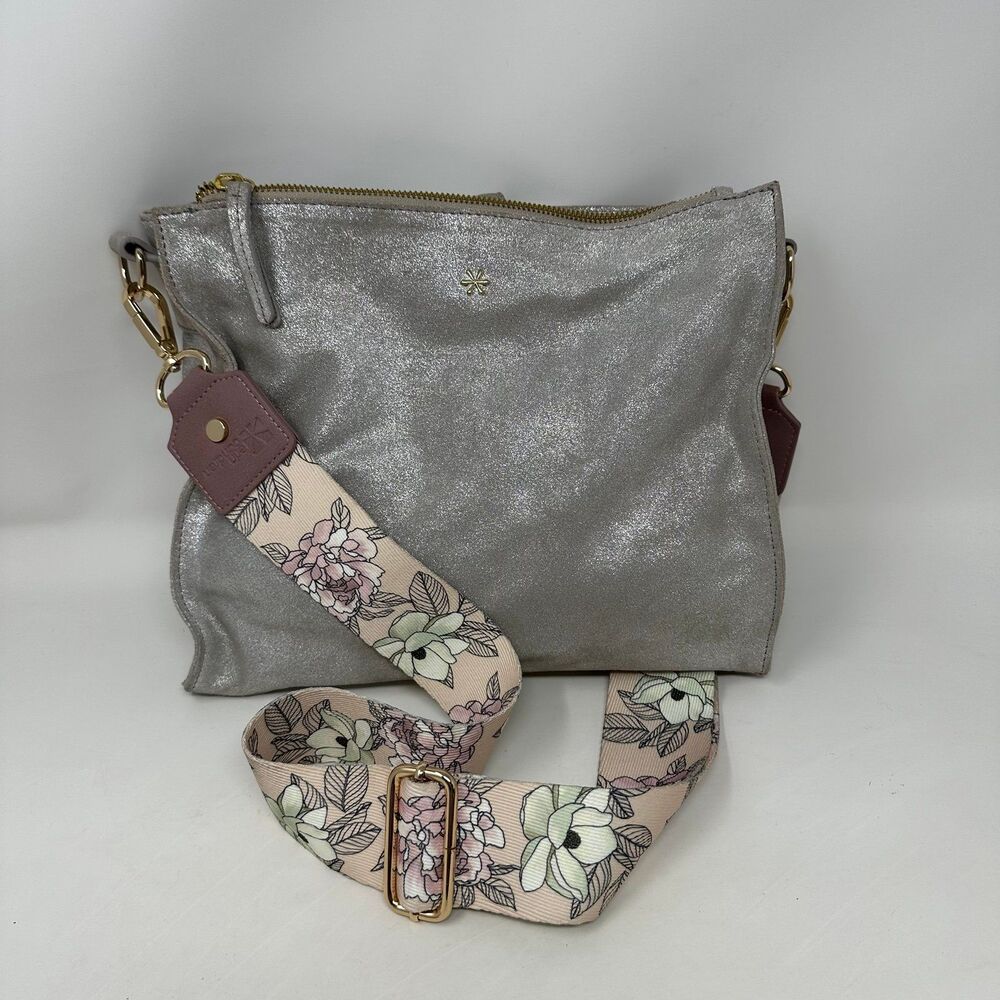 Erin Condren Suede Crossbody Bag Metallic Silver Shimmer Mauve Floral Strap